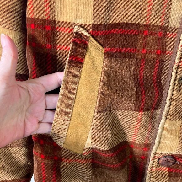 Mens Vintage 70s Plaid Corduroy Faux‎ Fur Jacket Thrashed Brown Red M Flaw - Picture 5 of 12